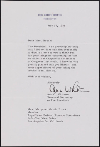 1958 May 15- Ann Whitman (Personal Secretary to the President) to Margaret Brock