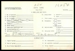 WPA Low income housing area survey data card 254, serial 16254, vacant