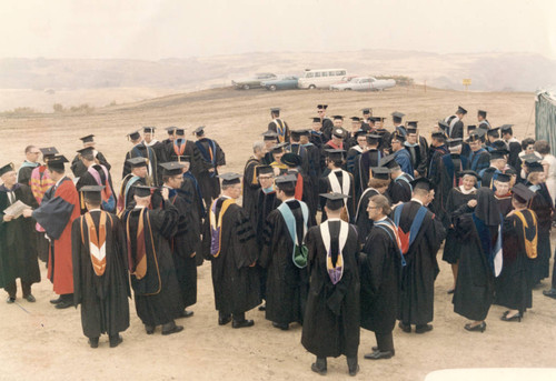 Faculty and guests gather in regalia prior to William Banowsky's inauguration, 1970