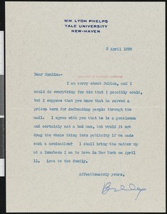 William Lyon Phelps, letter, 1930-04-03, to Hamlin Garland