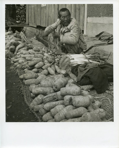 Man selling root vegetables and tubers