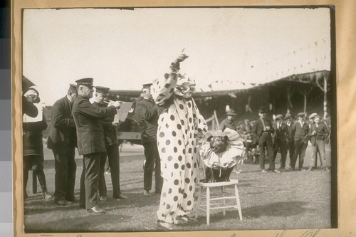 The Clown and his singing dog from the Olympic Club at the Community Service Circus at Ewing Field, S.W. cor. Masonic Ave. & Turk St., March 25th & 26th, 1922