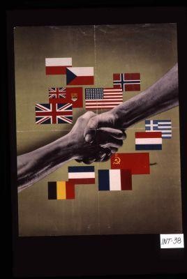 Poster depicting a handshake against a backdrop of flags