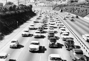 Birdseye view of San Francisco's Bayshore Freeway looking north at "Hospital Curve", June 17, 1959