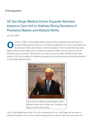 UC San Diego Medical Center Expands Neonatal Intensive Care Unit to Address Rising Numbers of Premature Babies and Multiple Births