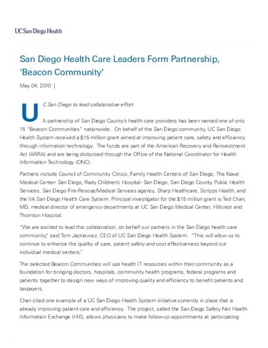 San Diego Health Care Leaders Form Partnership, ‘Beacon Community’