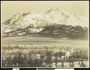 View of Mount Shasta, showing a nearby town in the foreground in Siskiyou County