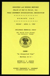 Ministers and workers convocation, Texas southwest, COGIC, San Antonio, Women's day program, 1992 (copy 2)