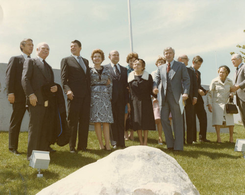 L to R: President Banowsky, Unknown, Governor Reagan, Nancy Reagan, Chancellor Young, Mrs. Young, Mrs. Seaver, Unknown, Dean Hudson, Executive Vice President White, Vice Chancellor Runnels, Unknown, Unknown