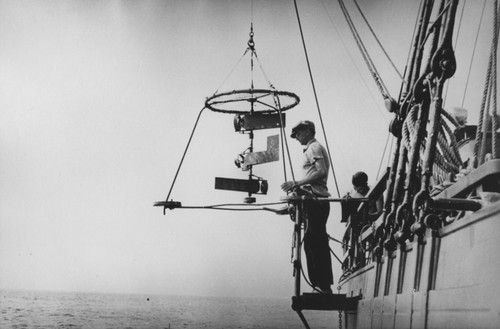 [Francis Parker Shepard with current meter on deck of R/V E.W. Scripps]