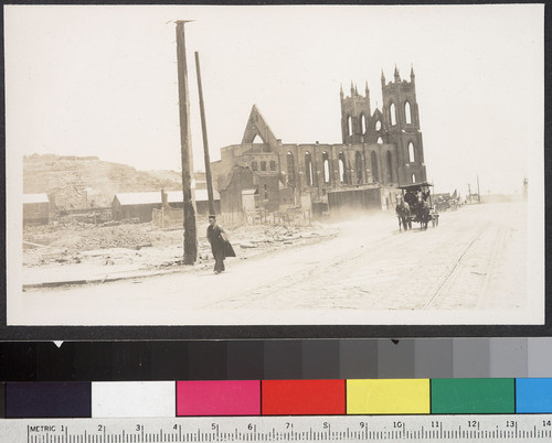 [Street scene showing ruins of St. Francis Church, Vallejo at Montgomery Ave. (later Columbus Ave.).]