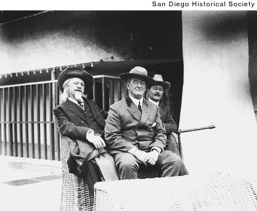 William "Buffalo Bill" Cody, W.G. Morse, and R.B. Cooper riding in an electric car at the Panama-California Exposition