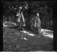 Elizabeth West and Frances West standing in front of a tree, Mount Wilson, 1909