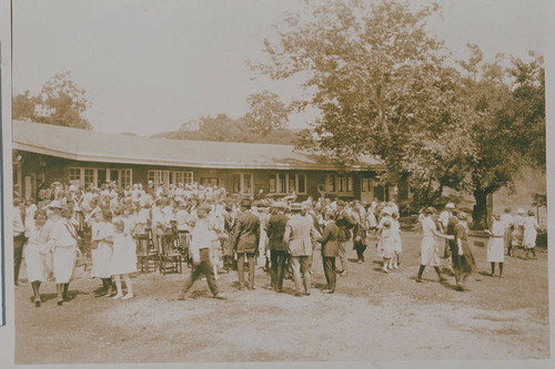Crowds outside the dining hall at Institute Camp in Temescal Canyon, Calif