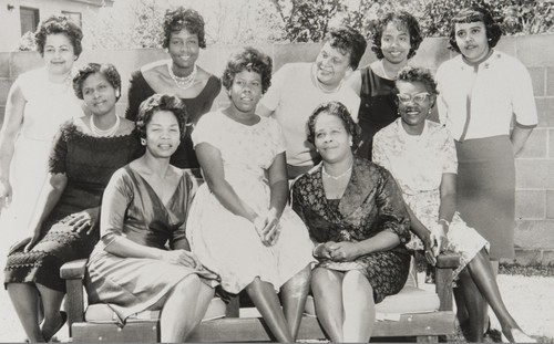Members of the Twentieth Century Onyx Club : 1963 ; a social and philanthropic group founded in 1961 by Ruth Gibson. Standing L. to R.: Thelma Calhoun, Lona Fountain, Mary Mason, Mary Jordan, Gloria Thomas. Seated L. to R.: Elsie Kelley*, Geraldine Lyghts*, Faye Brown, Marguerite Milton, Ruth Gibson*. *Charter members. Other charter members not included in this picture are Mattie Adams, Mildred Morrison, W. Margaret Tatum, Elsie Johnson and Patricia Goone