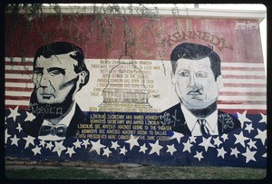 The murals of Estrada Courts. Portraits of Abraham Lincoln and John F. Kennedy, Los Angeles, 1973