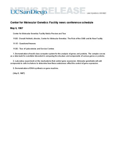 Center for Molecular Genetics Facility news conference schedule
