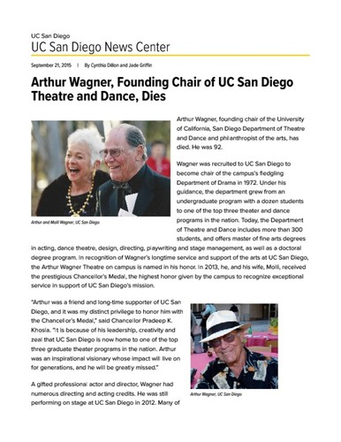 Arthur Wagner, Founding Chair of UC San Diego Theatre and Dance, Dies