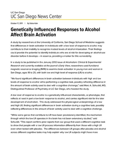 Genetically Influenced Responses to Alcohol Affect Brain Activation