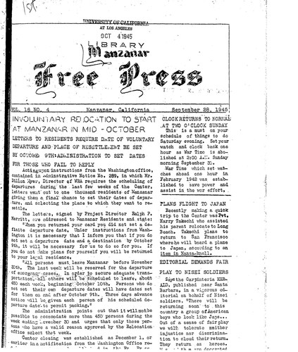 Manzanar free press, September 28, 1945