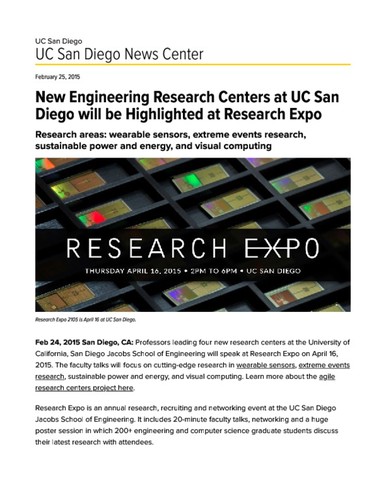 New Engineering Research Centers at UC San Diego will be Highlighted at Research Expo