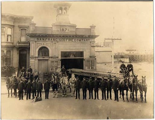 [Group photo of firemen in front of San Francisco Fire Company in 1871]