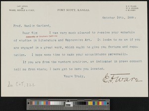 E.F. Ware, letter, 1888-10-10, to Hamlin Garland