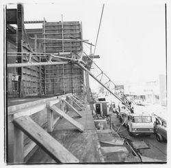 Crane and concrete forms on the site of the new Exchange Bank building, 545 Fourth Street, Santa Rosa, California, 1971
