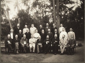 General Conference in Calicut December 1910. Pfleiderer, Knobloch, Glattfelder, Meier, G. Fischer, Scheuer, Wessel, Schosser, Bächle, Wieland, Miss Ehrensperger, Eisfelder, Kühner, E. Lüthy, Hofmann, Dr Schdeiter, G. Fischer, Berli, Sieber, Risch, Inspector Dr. Frohnmeyer, Ernst, Sengle, Jaus, Votz