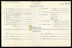 WPA Low income housing area survey data card 118, serial 13079, vacant