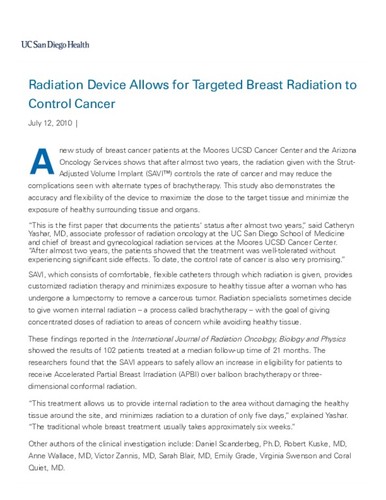 Radiation Device Allows for Targeted Breast Radiation to Control Cancer