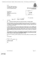 [Letter from Sharon Tapley to Peter Redshaw regarding Request for cigarette annalysis and customer information]