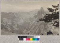 Looking up Yosemite Valley from Glacier Point. Half Dome to the right. E. F. June, 1925