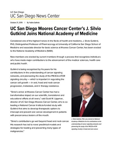UC San Diego Moores Cancer Center’s J. Silvio Gutkind Joins National Academy of Medicine