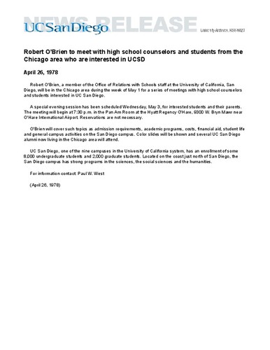 Robert O'Brien to meet with high school counselors and students from the Chicago area who are interested in UCSD