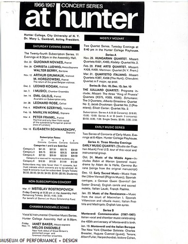 Program for "1966/1967 Concert Series at Hunter," 1966