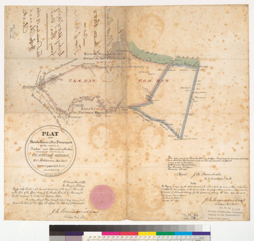 Plat of the Rancho Rincon de San Francisquito, finally confirmed to Teodoro and Secundino Robles : [Santa Clara Co., Calif.] / Surveyed under instructions from the U.S. Surveyor General ; by R.C. Matthewson, Dep. Surr