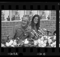 Timothy Leary and his wife, Rosemary Woodruff holding news conference in Los Angeles, Calif., 1969
