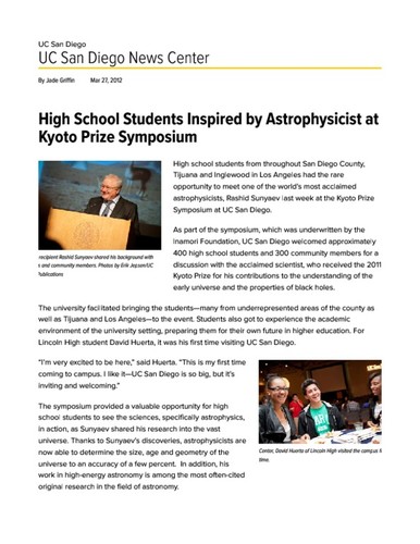 High School Students Inspired by Astrophysicist at Kyoto Prize Symposium