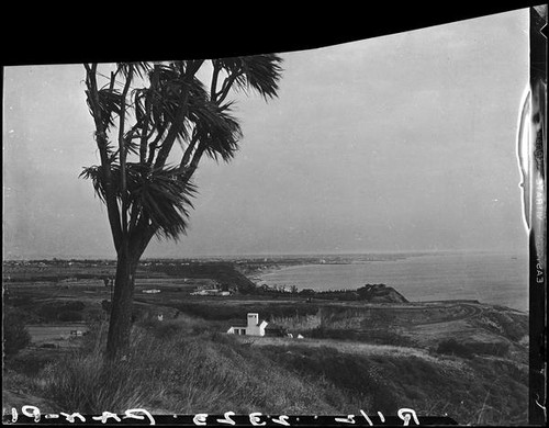 Miramar Estates housing development, view across lots with three houses visible, Pacific Palisades, 1927