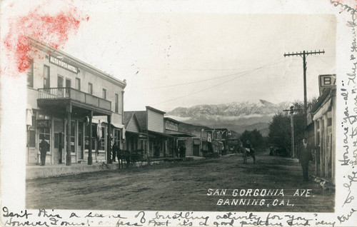 Photographic postcard of downtown Banning, California in 1907, looking north on San Gorgonio Avenue