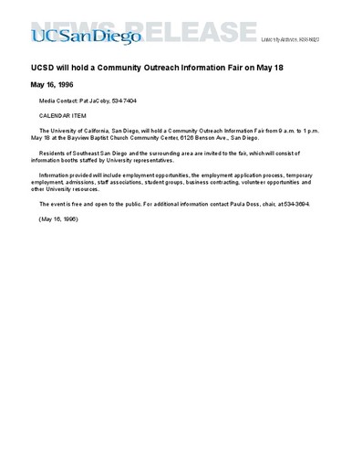 UCSD will hold a Community Outreach Information Fair on May 18