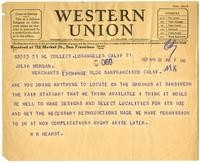 Telegram from William Hearst to Julia Morgan, April 21, 1927