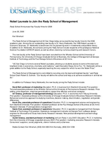 Nobel Laureate to Join the Rady School of Management--Rady School Announces Key Faculty Hires for 2006