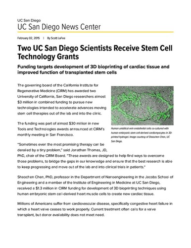 Two UC San Diego Scientists Receive Stem Cell Technology Grants
