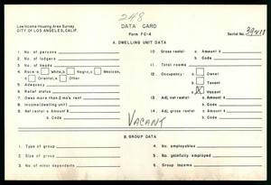 WPA Low income housing area survey data card 248, serial 39211, vacant