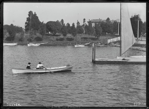 Boats and dock, Lake Merritt, Oakland. [negative]