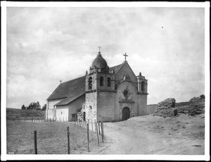Restored front of the church at Mission Carmel (San Carlos Borromeo de Carmelo) in Carmel, California, ca.1900