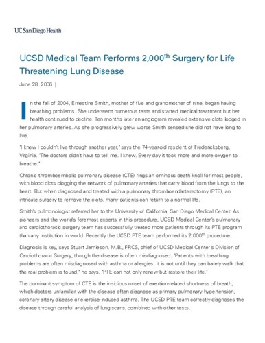 UCSD Medical Team Performs 2,000th Surgery for Life Threatening Lung Disease