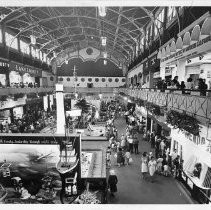 Elevated view showing the interior of the Counties Building at the California State Fair in 1965